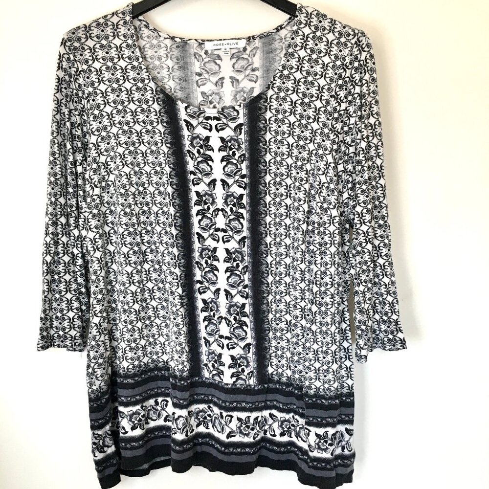 Rose and Olive Tunic Top Women Size 1X 3/4 Sleeve Casual Stretch Black and white